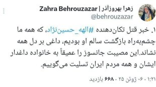یادداشت زهرا‌‌‌ بهروزآذر، معاون رئیس‌جمهور در امور زنان و خانواده؛
در پی خبر قتل تکان‌دهنده الهه حسین‌نژاد

